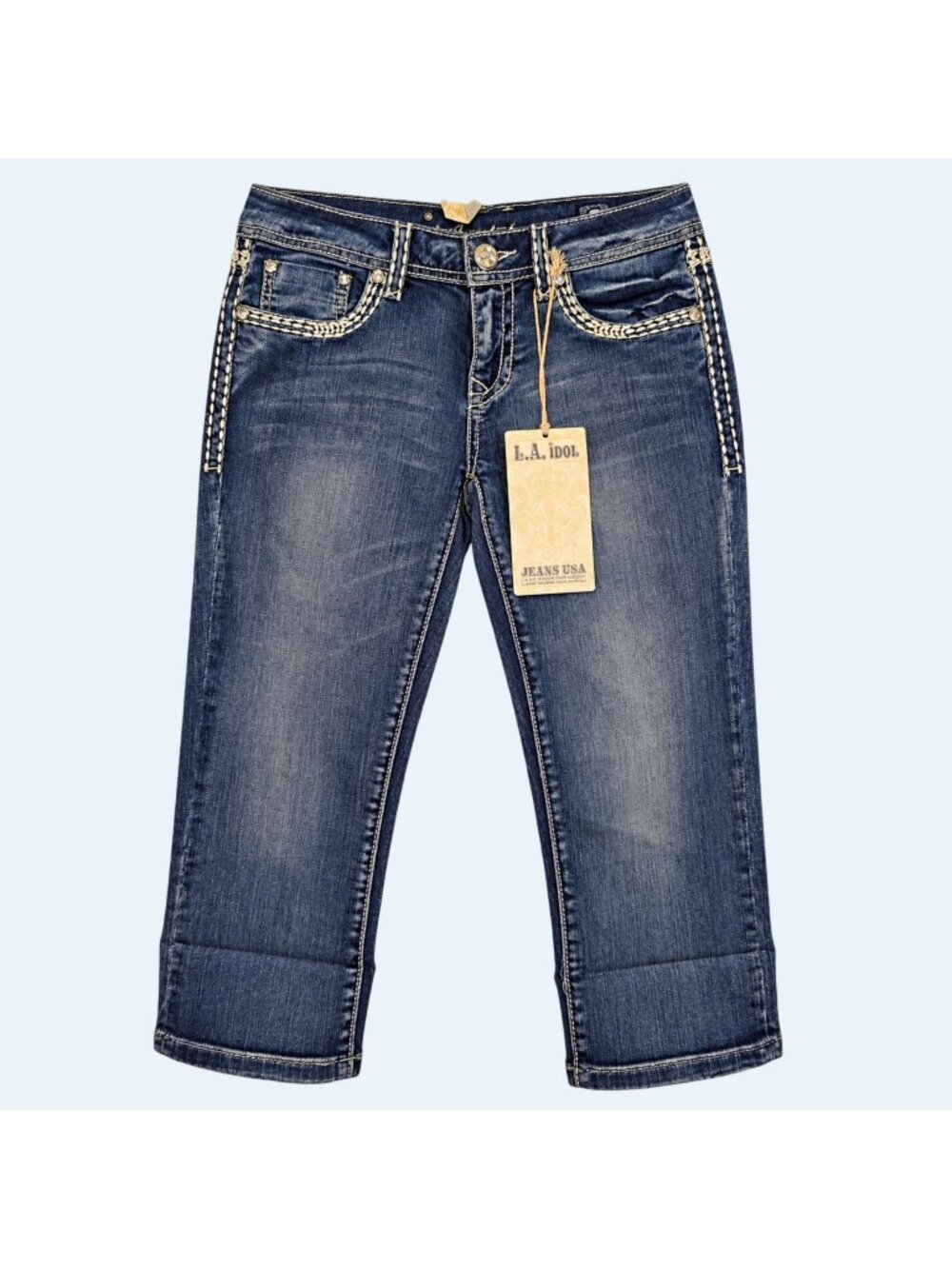 LA Idol Jeans Womens 7 W30 NWT Cropped Low Rise Blue Rhinestone Distressed Denim